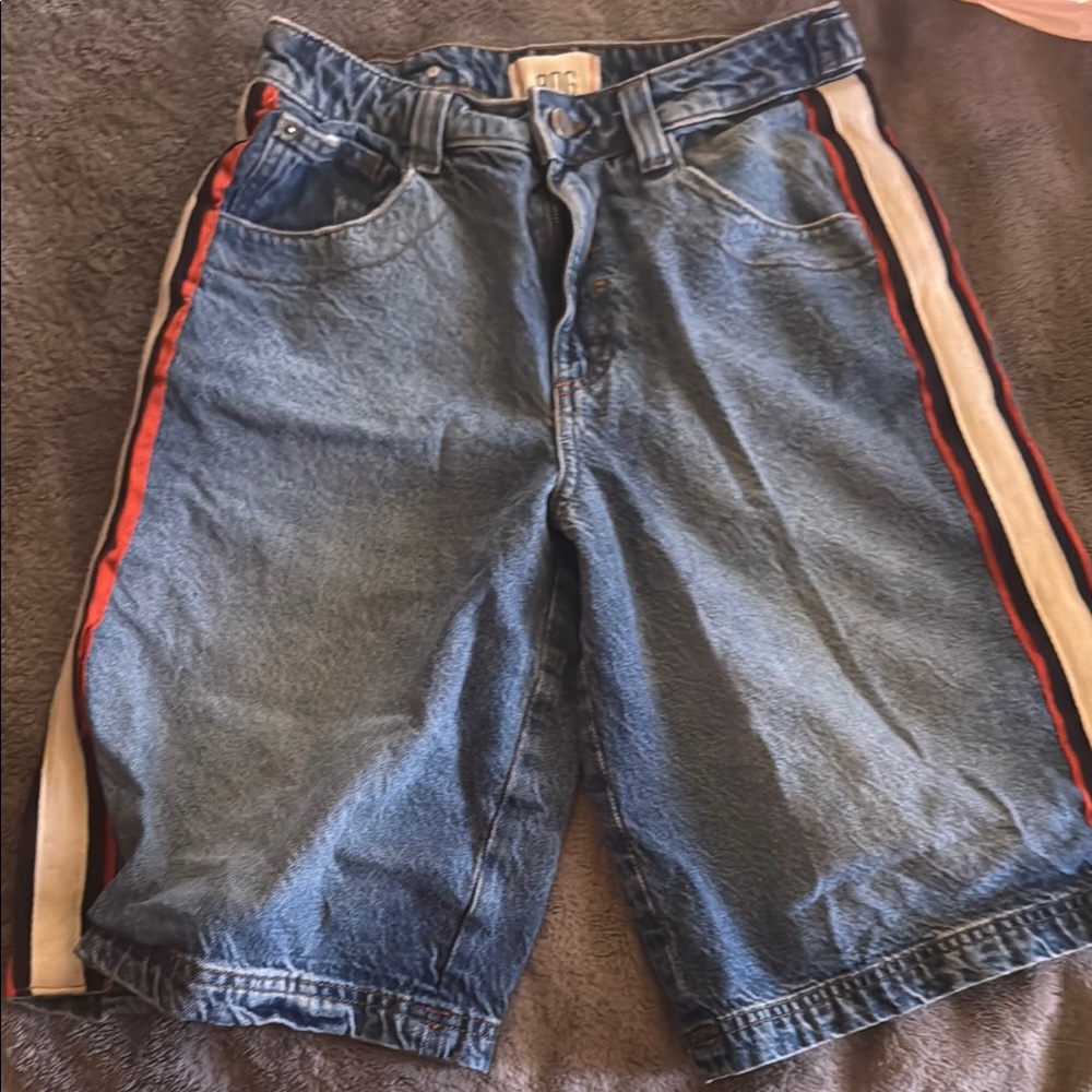 BDG Blue and Red Jean Shorts with Sporty Stripes